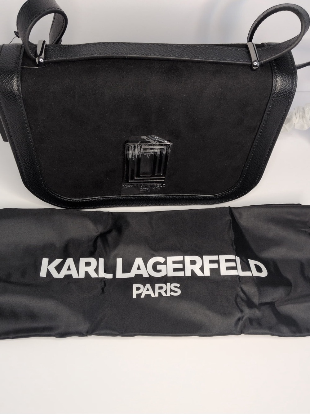 Karl Lagerfeld Simone Black Suede and Leather Shoulder Bag with Logo Clasp